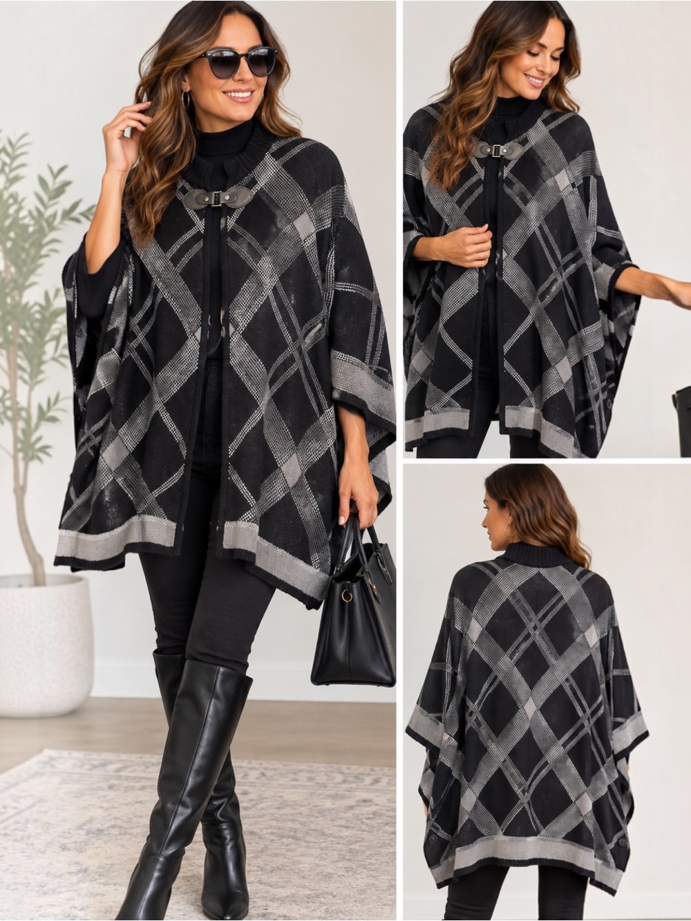 Croft & Barrow Plaid Poncho Sweater L/XL Black Gray Toggle Cape Cardigan
